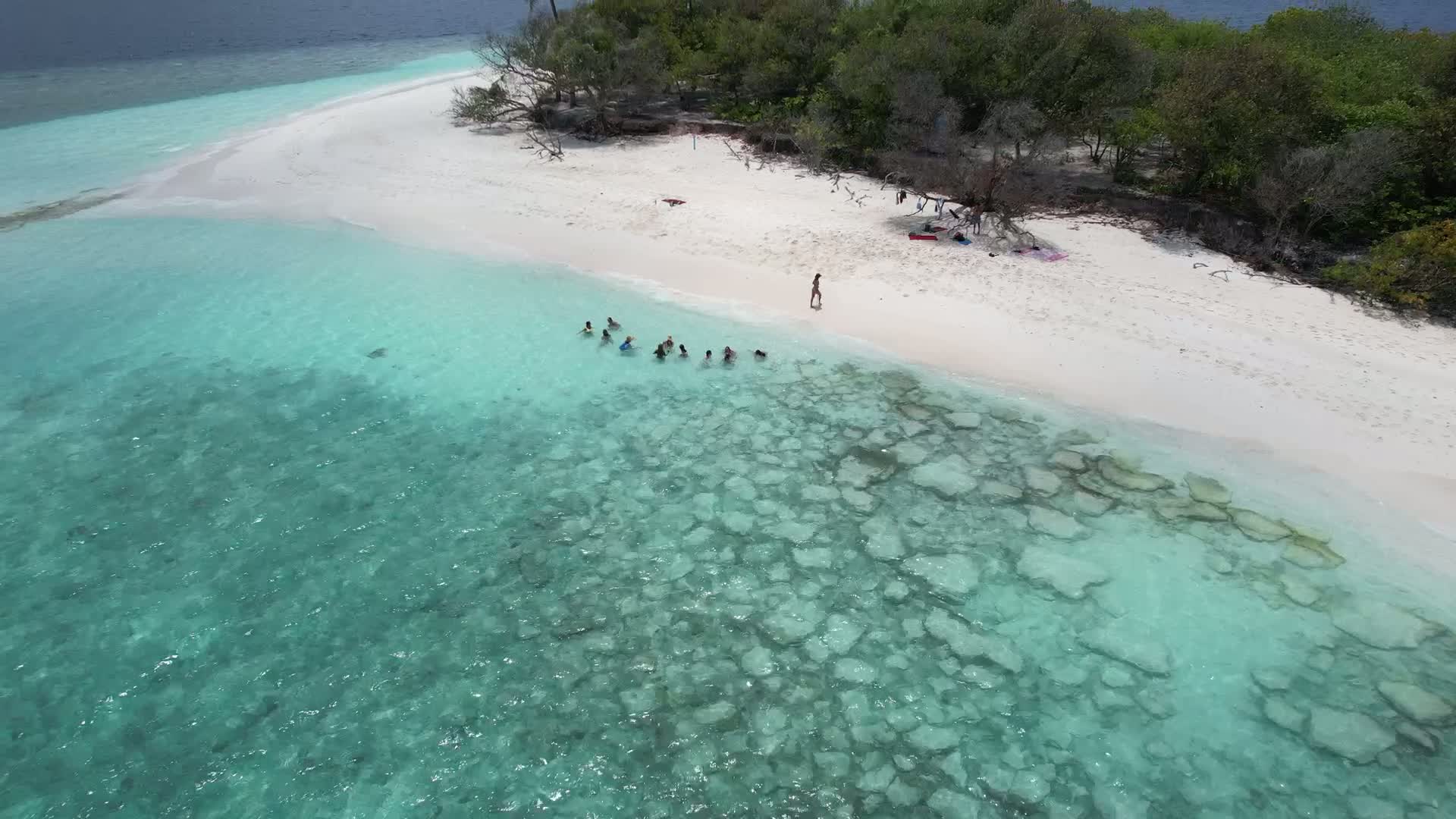 Aerial view of swimmers beside a Maldives island