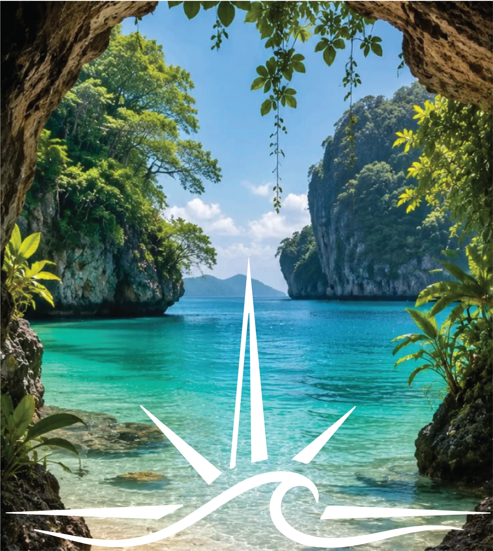 A cave-framed turquoise cove opening onto clear shallow water
