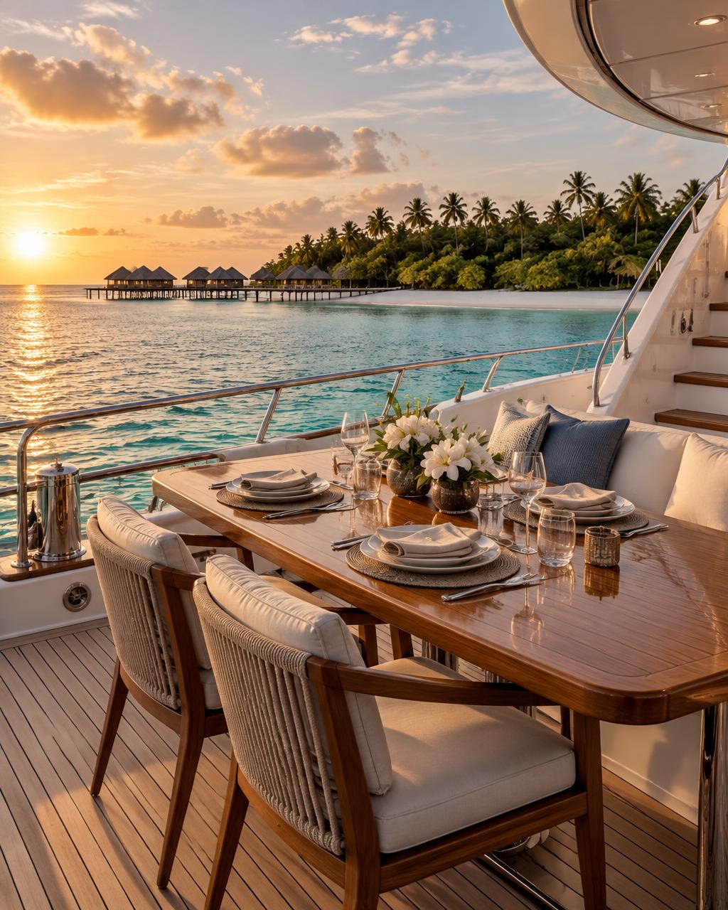 Sunset dining aboard a private yacht