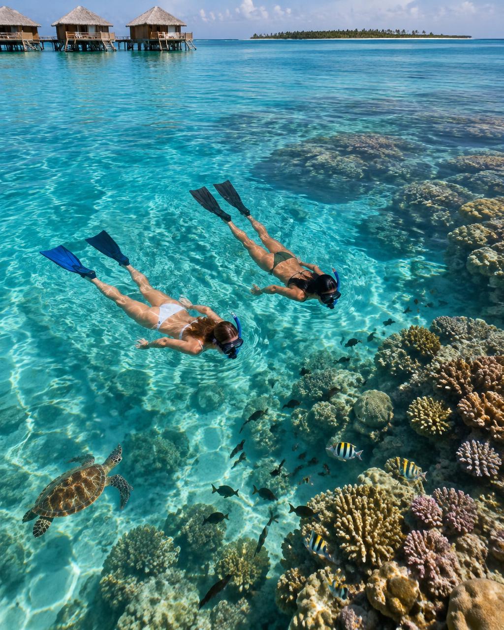 Travelers snorkeling over a Maldives reef