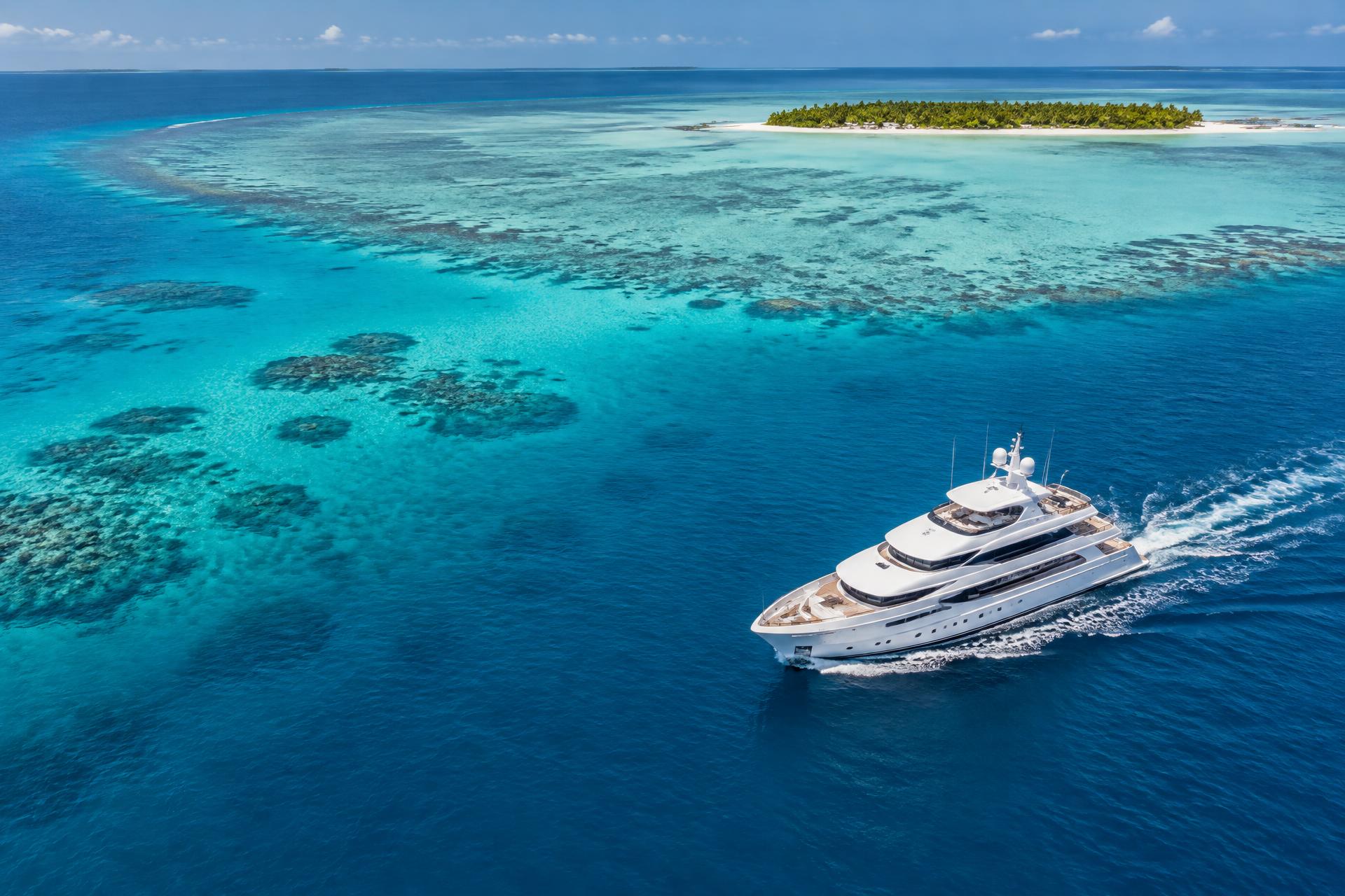 The yacht at anchor in the lagoon